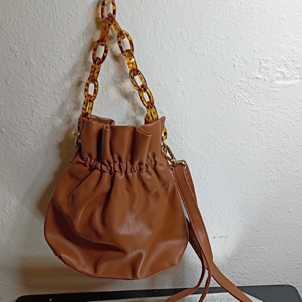 Brown Leather Snap Button Bag With Decorative Str… - image 1